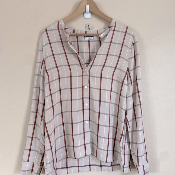 Longchamp- Plaid Button Down Blouse  Neutral Tones Lightweight & Versatie - Picture 3 of 10